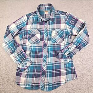 Duluth Trading Co Shirt Womens Small Teal Plaid Flannel Long Sleeve Workwear
